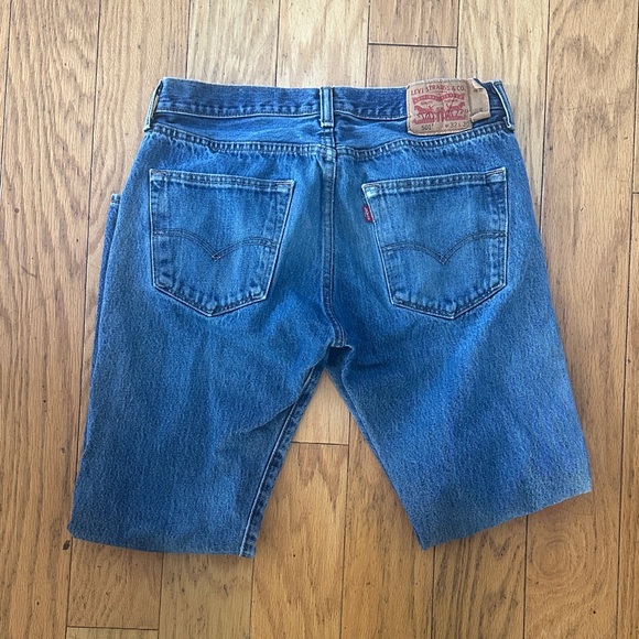 Levi's 501 Straight Fit Denim Jeans - Classic Blue Buttonfly, Distressed - Picture 6 of 8